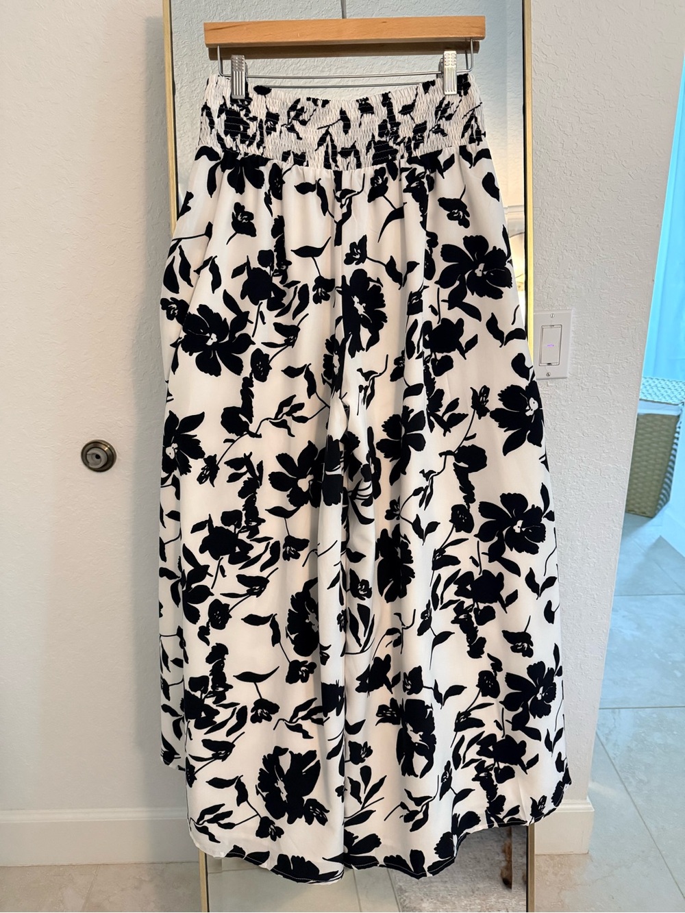 Smocked Waist Black Floral Maxi Skirt - White/Black